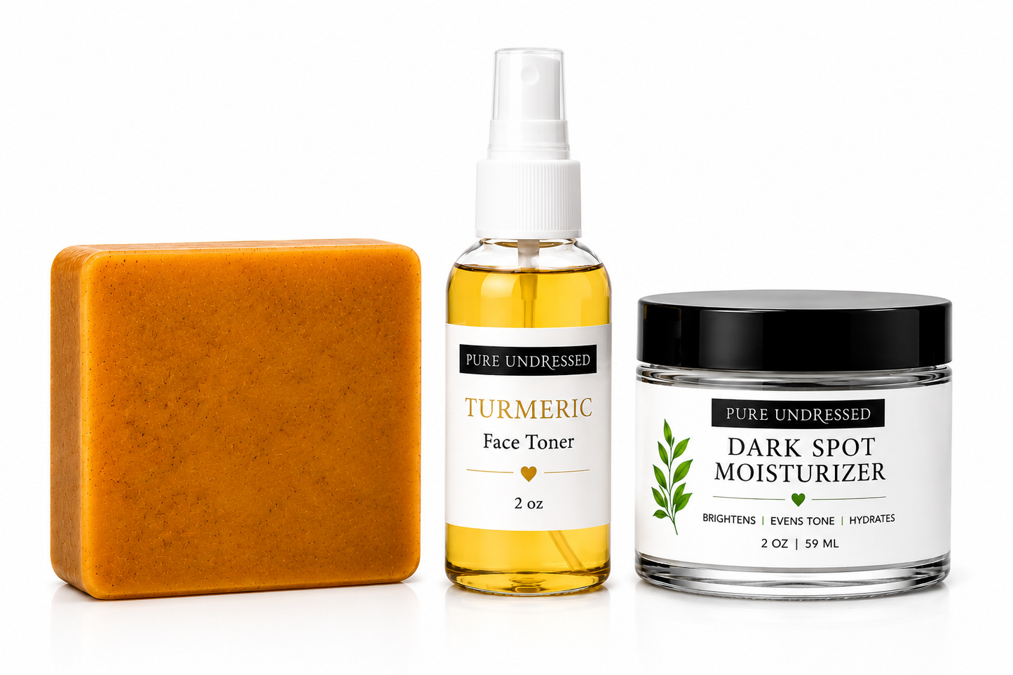Tuesday Pure Undressed Turmeric Soap, Turmeric Toner, & Dark Spot Moisturizer Set